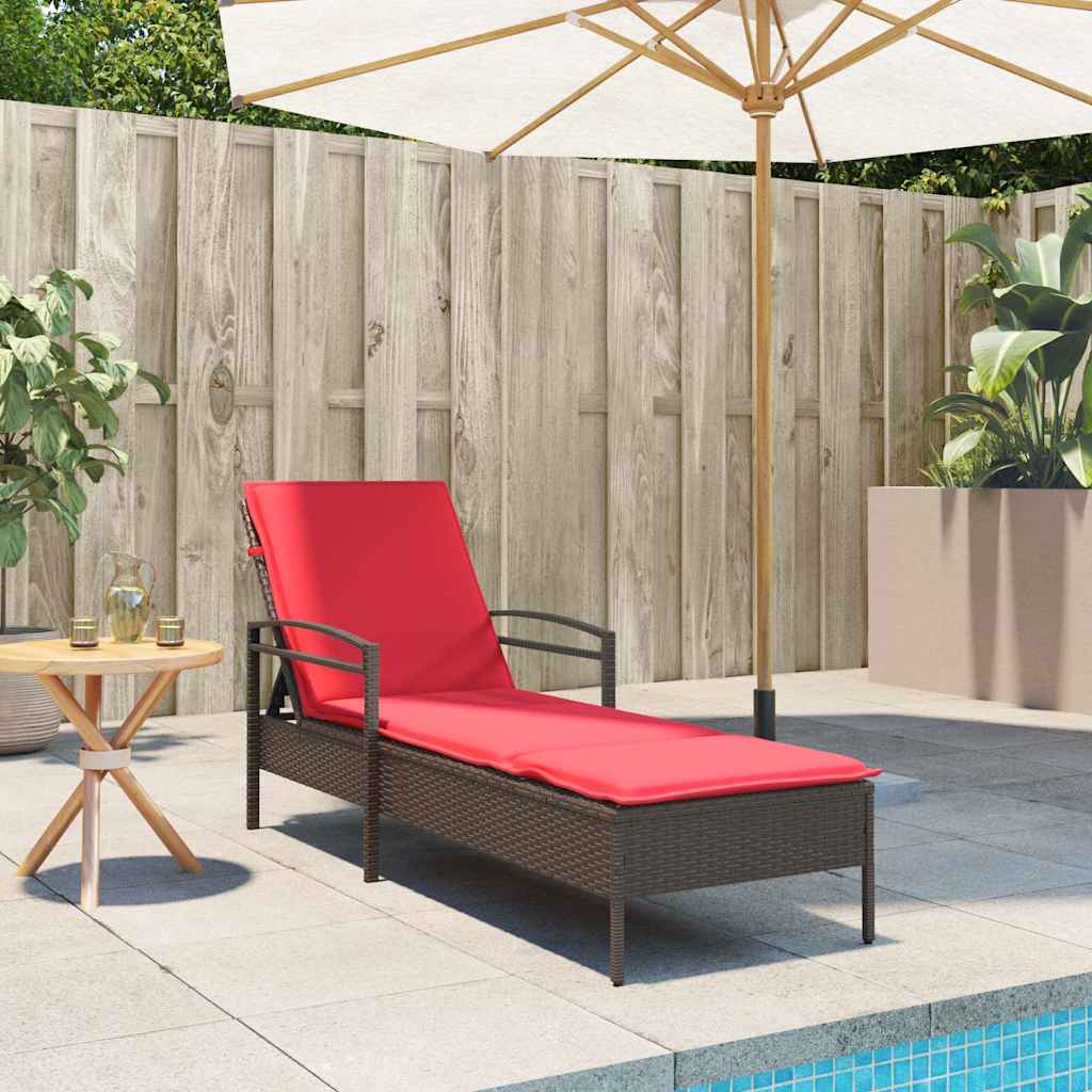 Sun Lounger with Cushion Brown 63x200x81 cm Poly Rattan (US only)